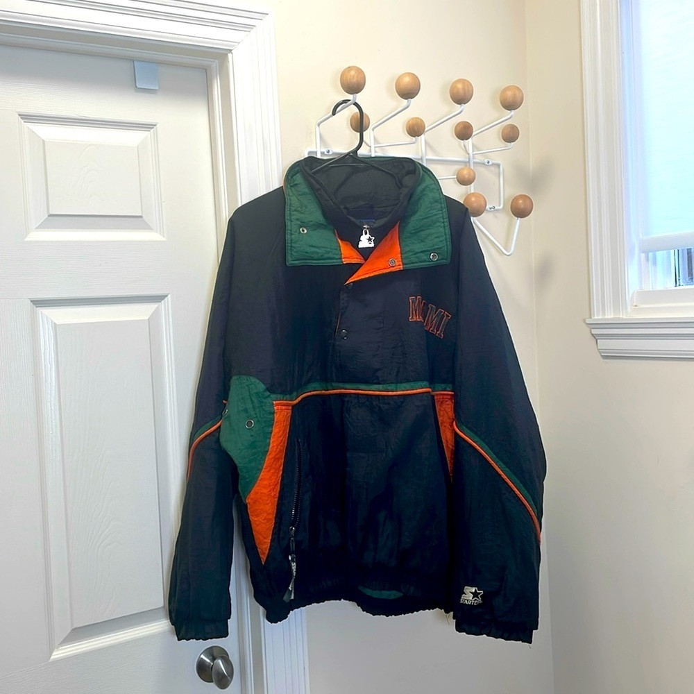 Starter Jacket - Miami Pullover 90s Vintage Jacket - Black / Green - L